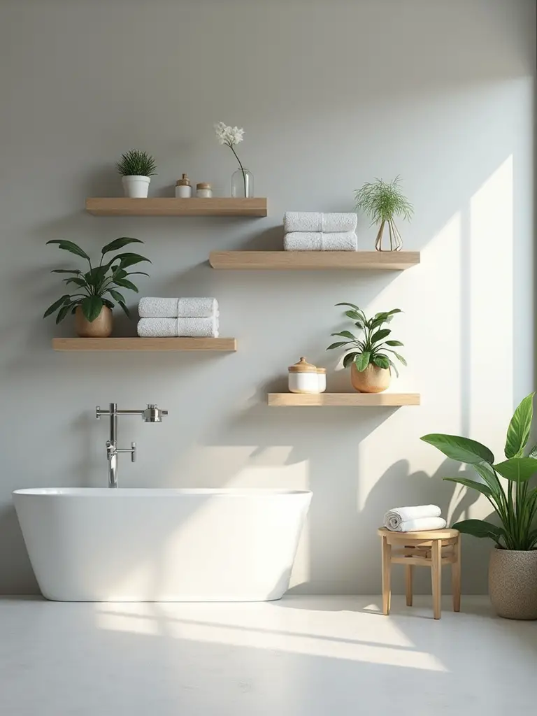 Elegant floating shelves in a stylish bathroom with organized towels and decor