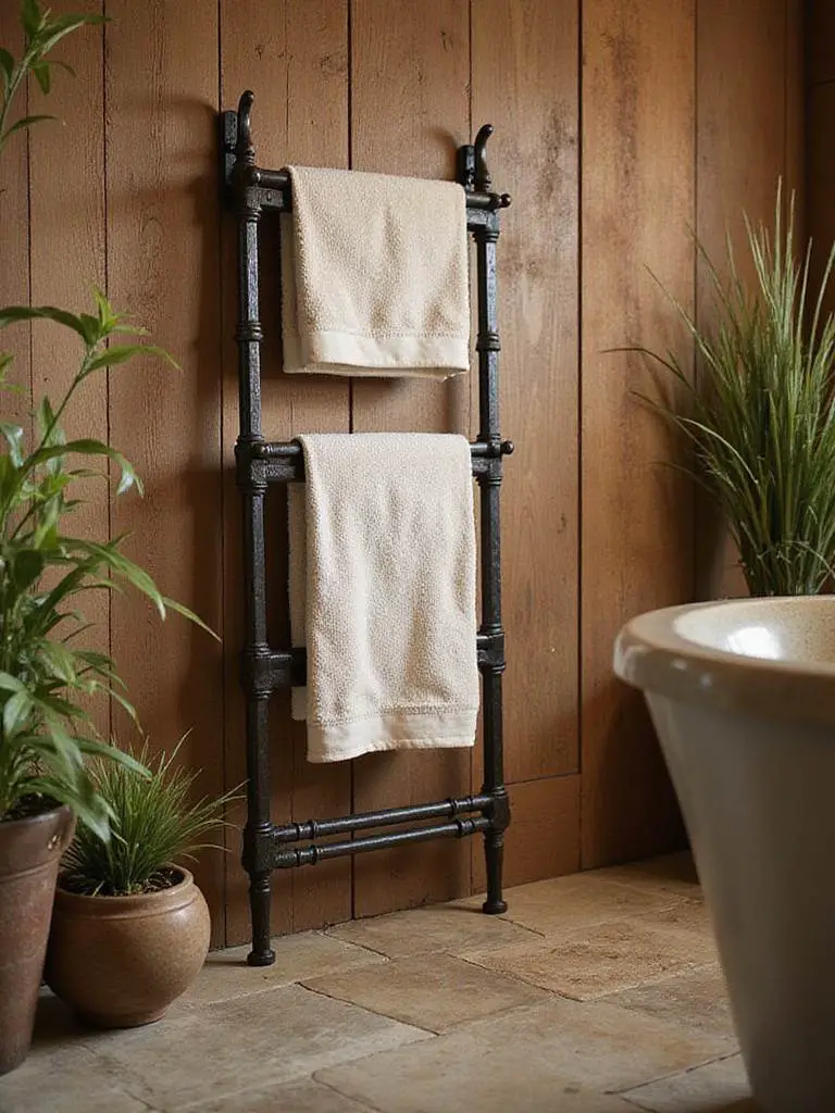 Forged iron towel rack in a rustic bathroom setting