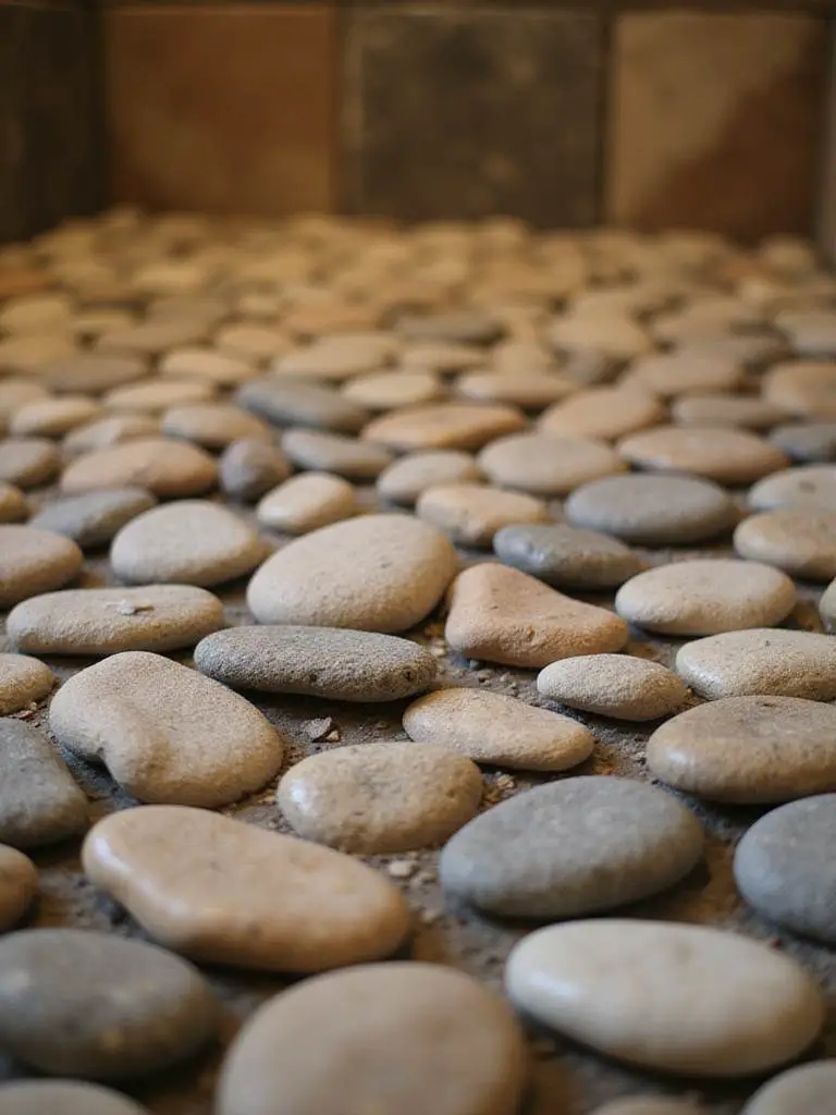 Luxurious river rock shower floor showcasing smooth, natural stones