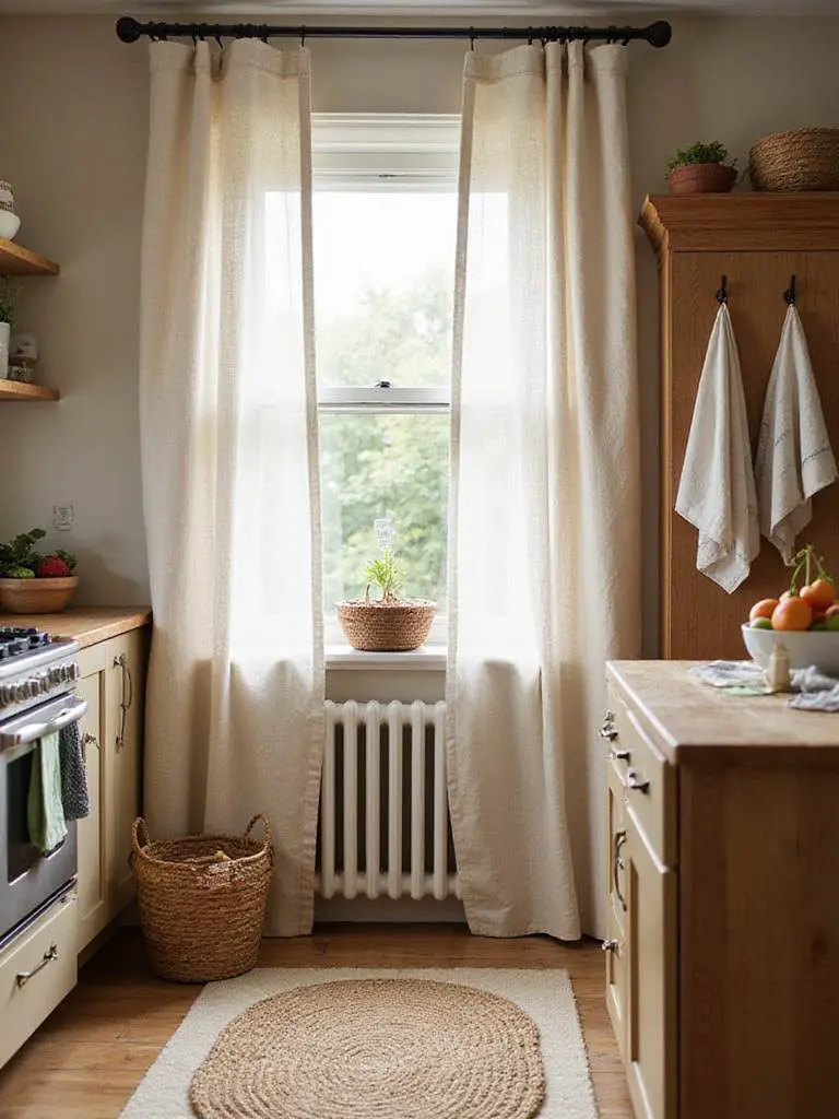 Rustic kitchen with layered natural textiles including linen curtains and jute rug