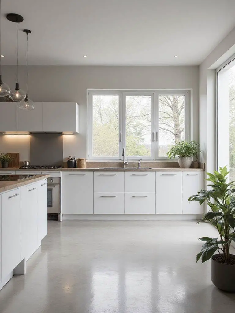 Modern Scandinavian kitchen with sleek handleless cabinets and natural light.