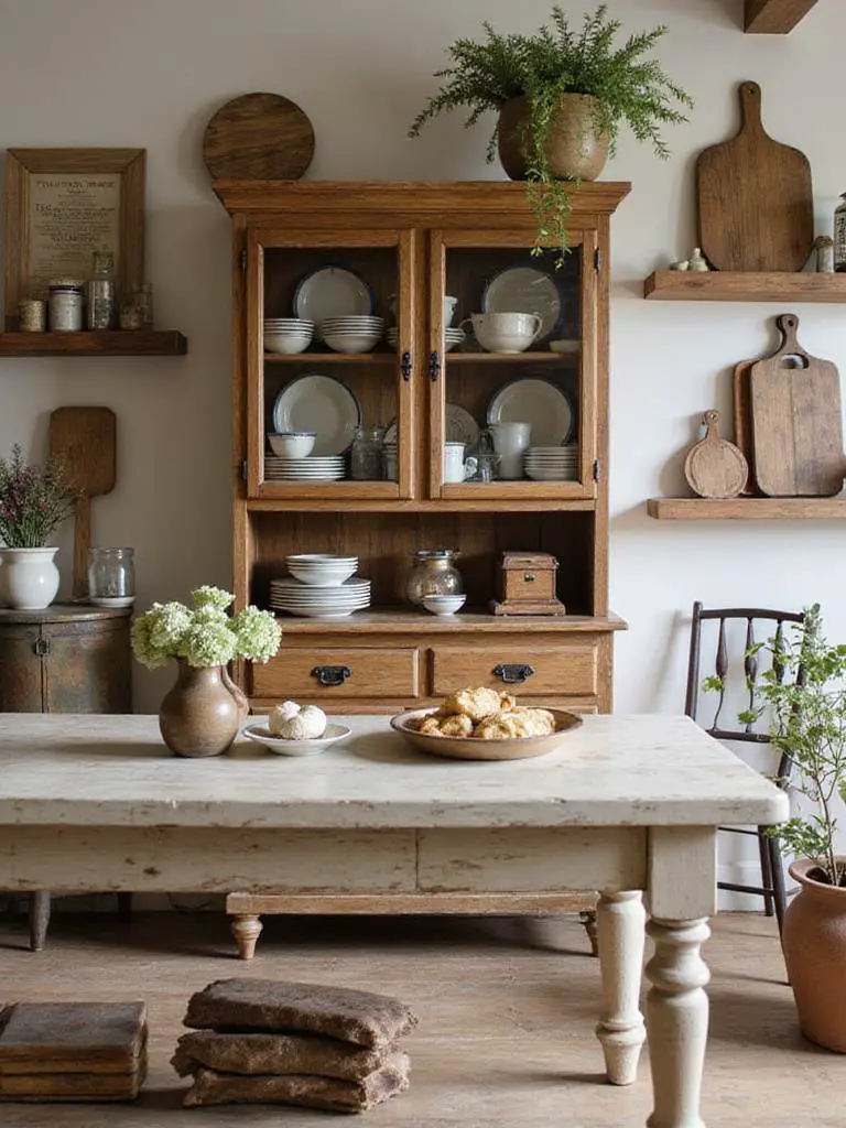 Rustic kitchen featuring vintage finds including an antique hutch and cutting boards.