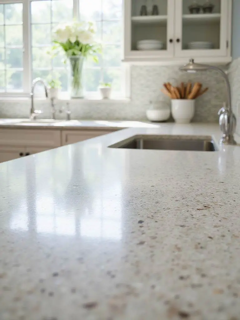 Bright kitchen showcasing durable and aesthetic countertop materials with quartz and porcelain surfaces.