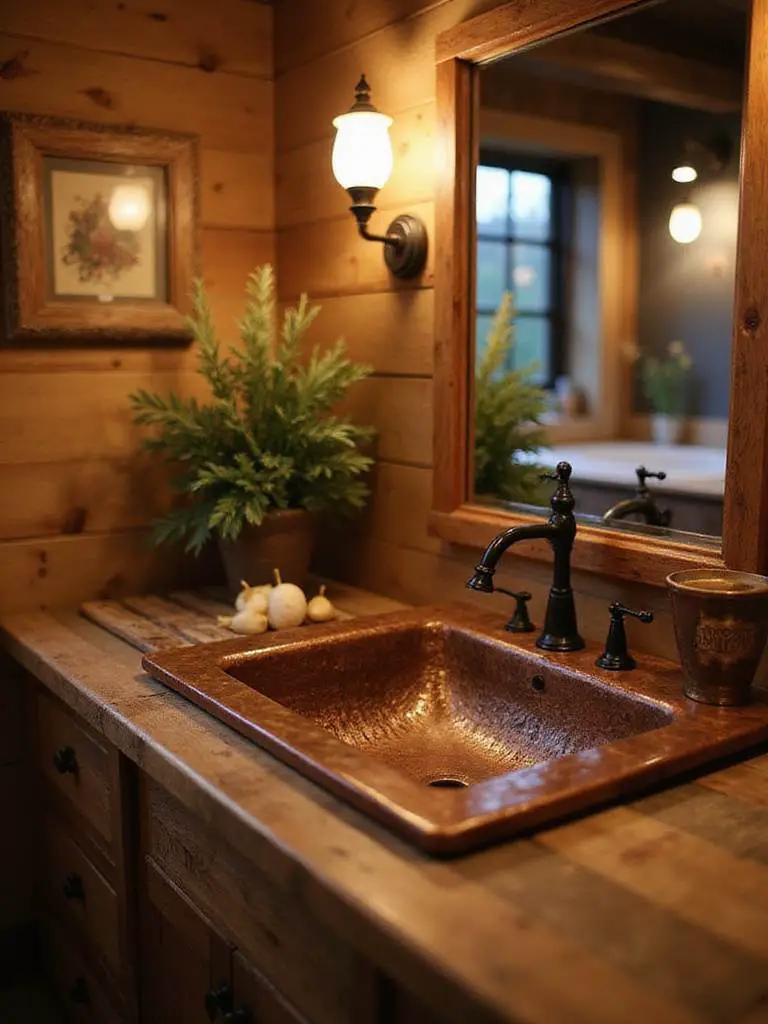 Rustic bathroom featuring a hammered copper sink integrated into a reclaimed wood vanity