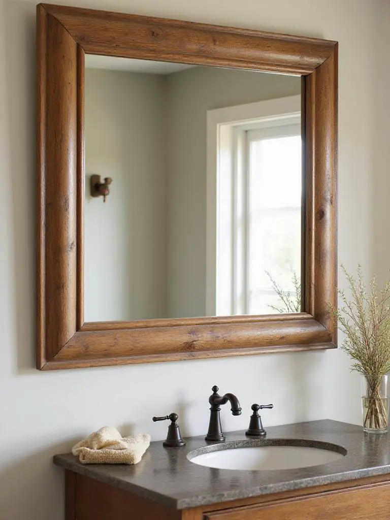 Large framed barn wood mirror above a rustic bathroom vanity