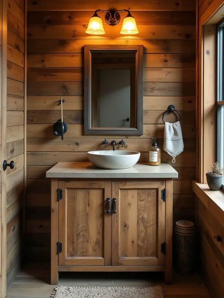 Rustic bathroom with reclaimed wood vanity showcasing natural textures and warm lighting.