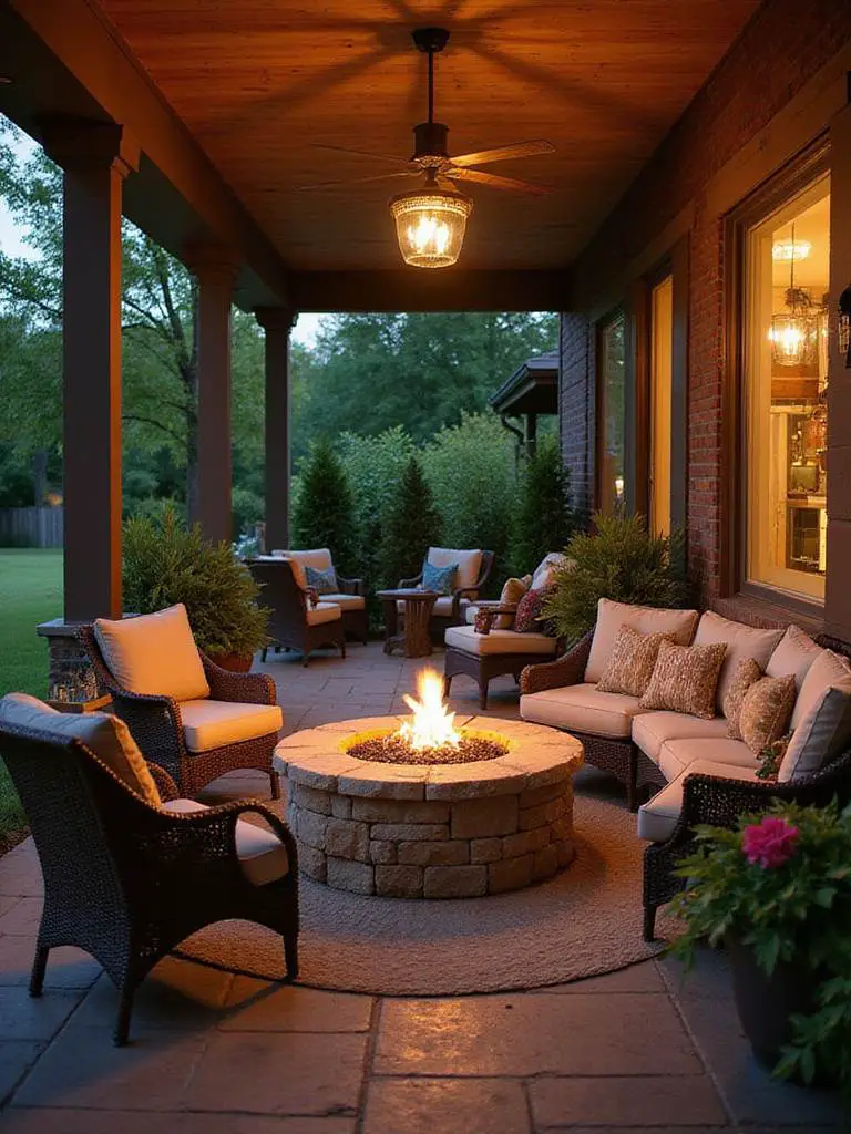 A beautifully designed fire pit on a cozy porch, surrounded by seating and greenery, illuminated by warm lighting.