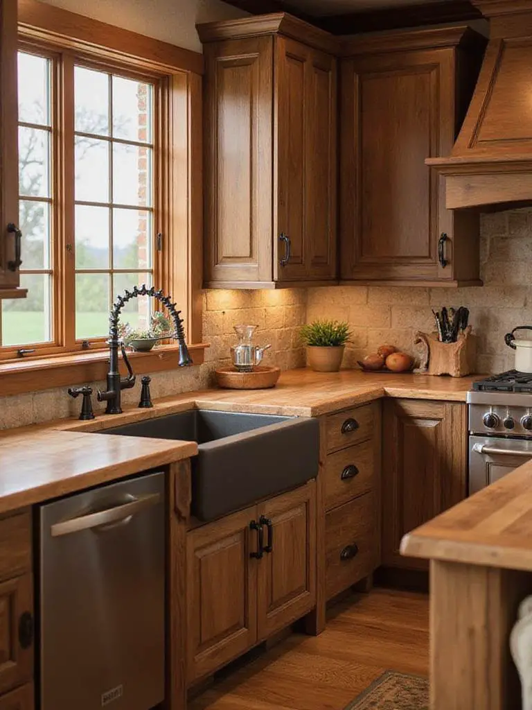 Rustic kitchen featuring oil-rubbed bronze hardware on cabinets