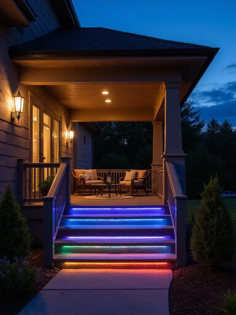 A beautifully lit porch showcasing smart lighting solutions for evening ambiance.
