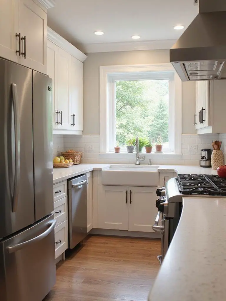Modern kitchen featuring energy-efficient appliances with bright natural lighting