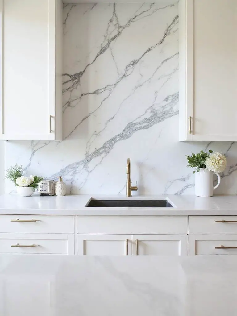 Modern kitchen with full-height Calacatta marble slab backsplash and white shaker cabinets.