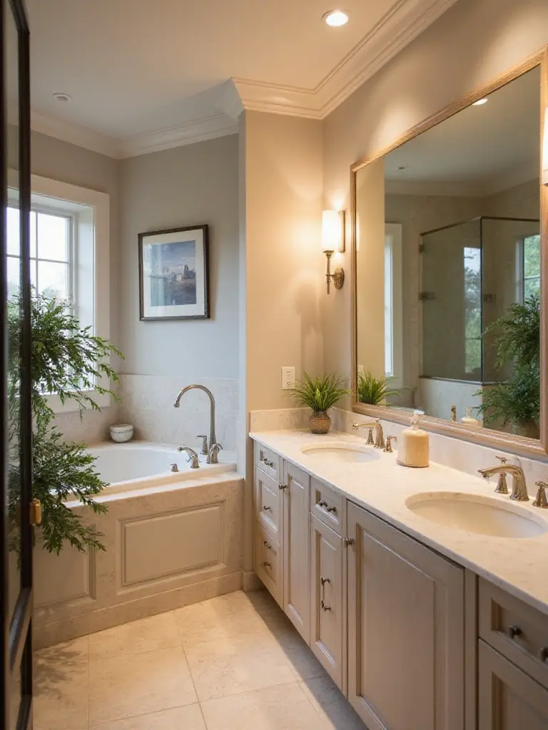 A stylish bathroom featuring layered lighting with ambient, task, and accent lights.