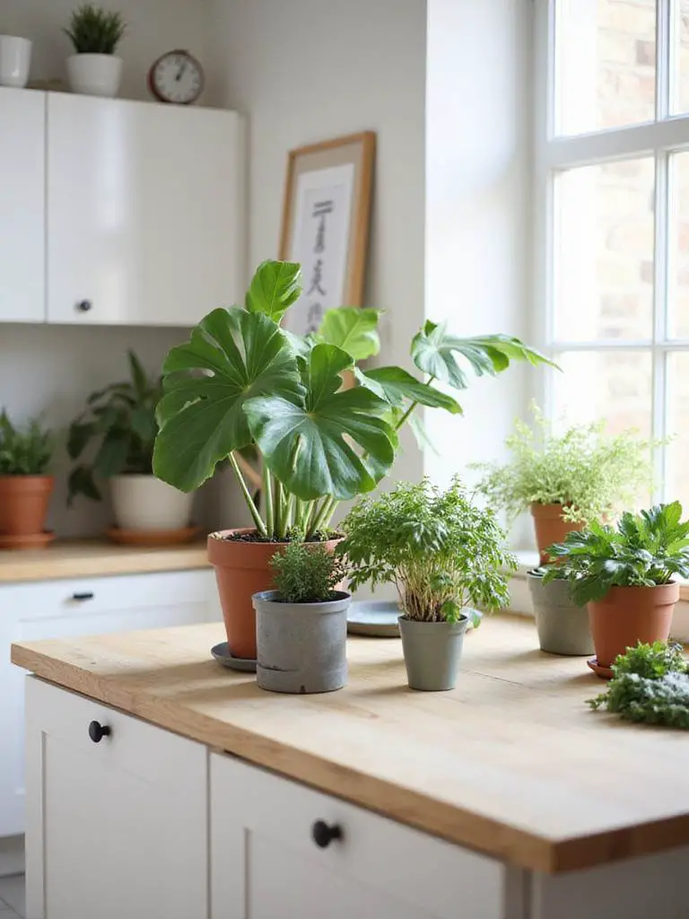 Scandinavian kitchen with potted plants including Monstera and herbs