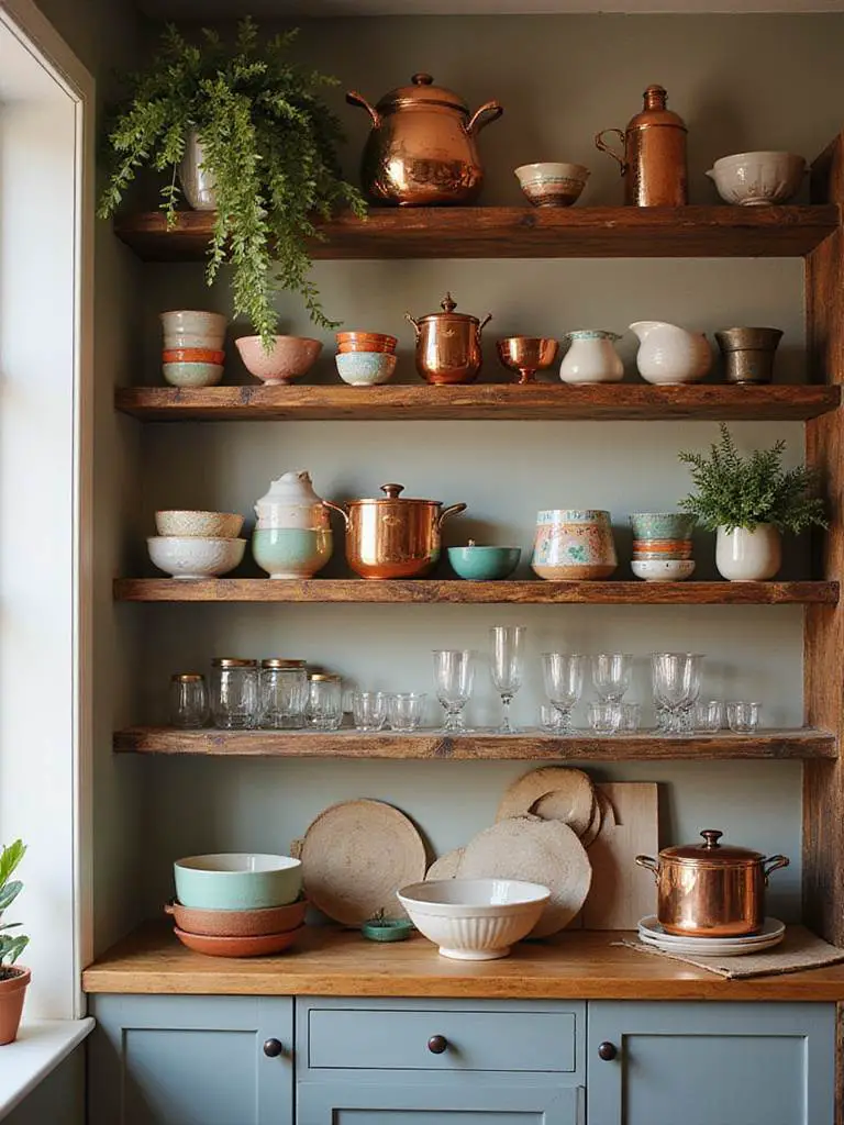 A beautifully arranged display of colorful cookware and serveware on open shelving in a kitchen.