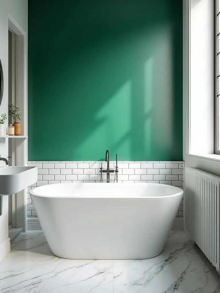 Modern bathroom with a bold emerald green accent wall behind a freestanding bathtub.