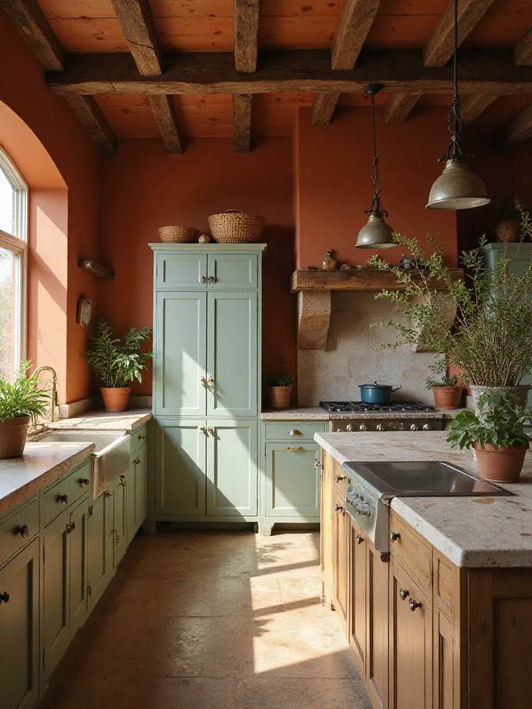Rustic kitchen with earthy tones showcasing warm browns, sage greens, and terracotta accents.