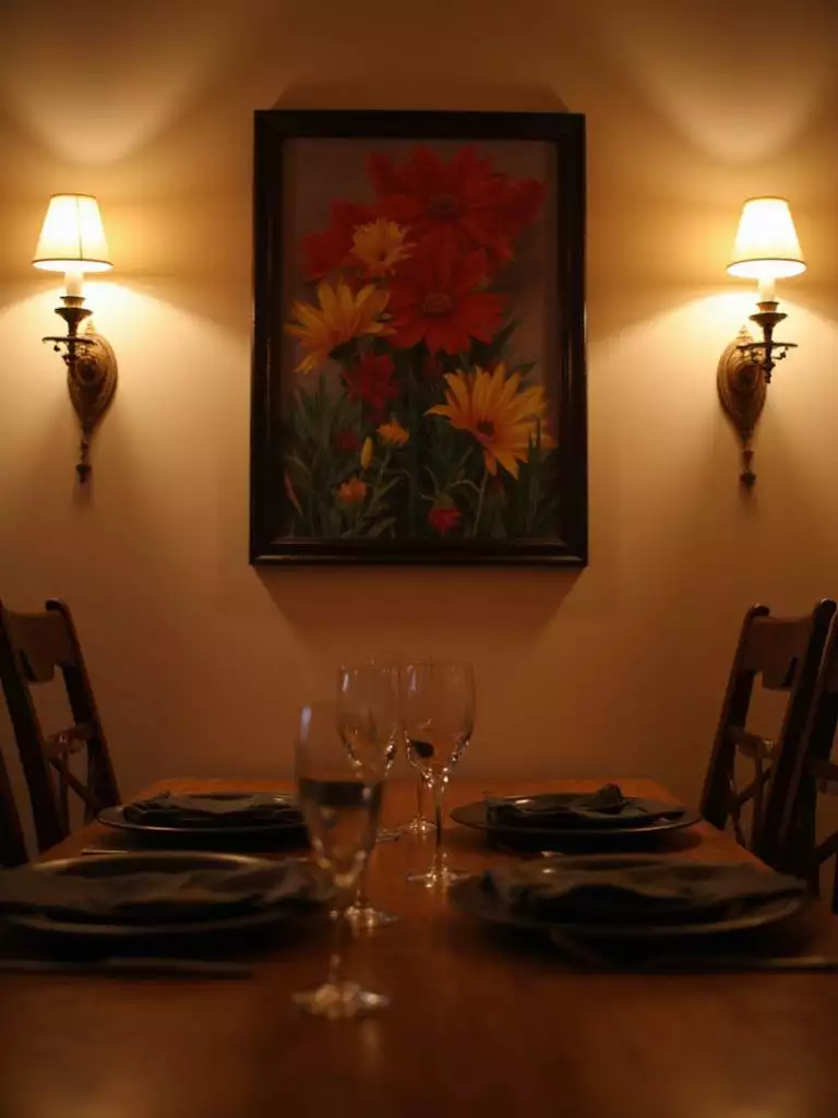 Elegant dining room with warm wall sconces and inviting ambiance