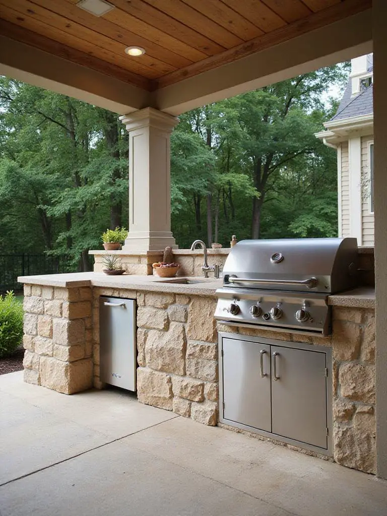 A modern outdoor kitchen on a porch with grill, sink, and natural stone countertops.