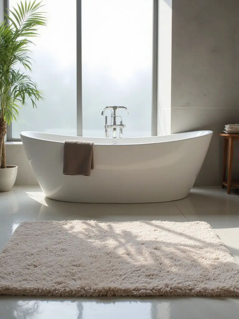Luxurious bathroom with a plush bath mat in front of a freestanding bathtub