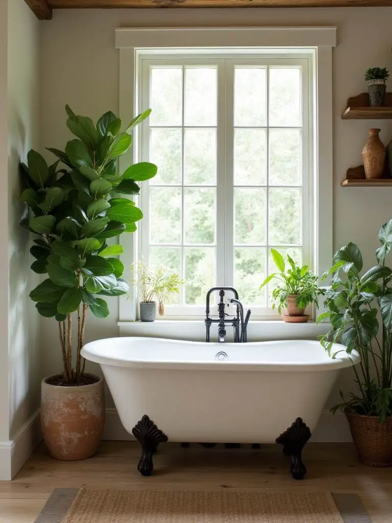 Rustic bathroom with clawfoot tub and Fiddle Leaf Fig tree creating a natural spa ambiance.