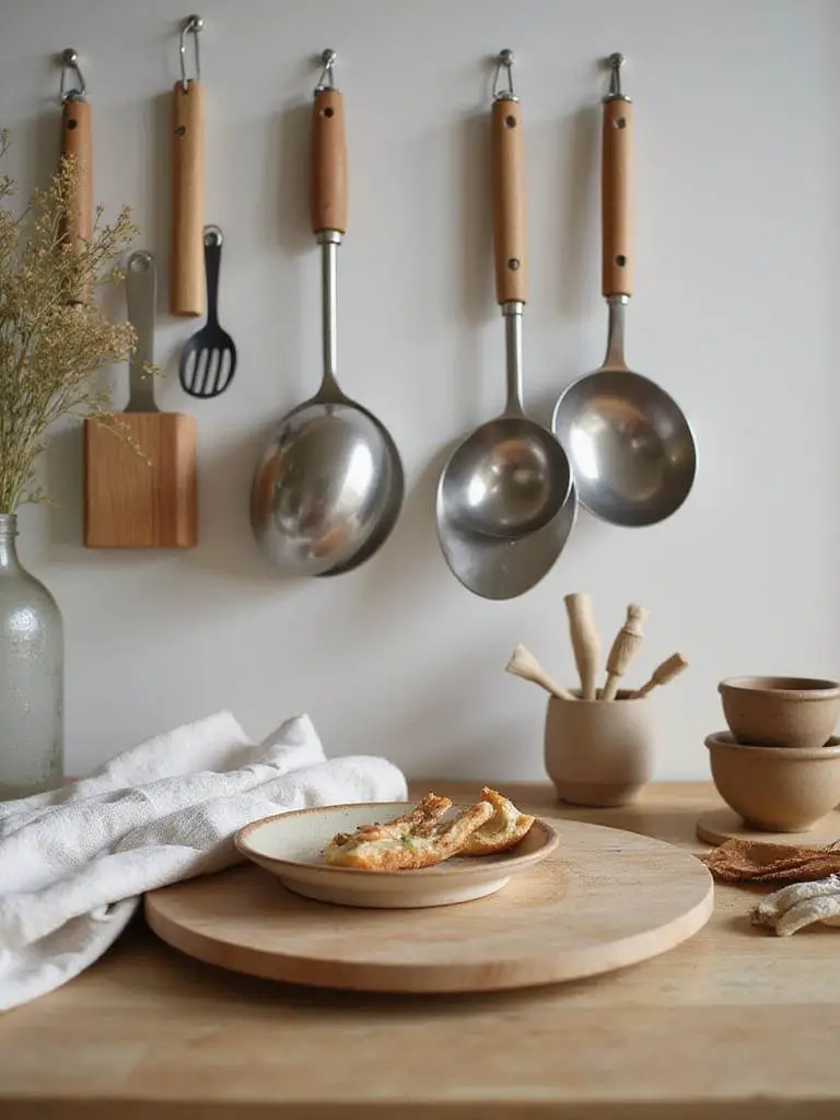 A serene Scandinavian kitchen with quality and durable utensils displayed on a wooden countertop.