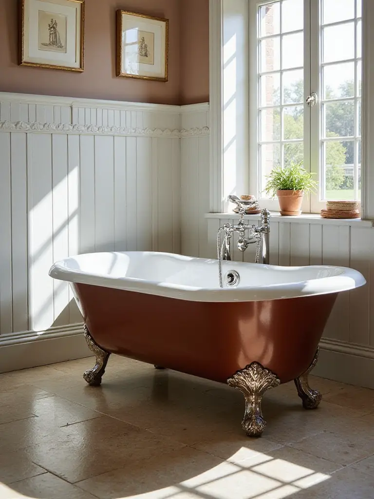 A classic cast iron bathtub in a stylish bathroom with natural lighting.