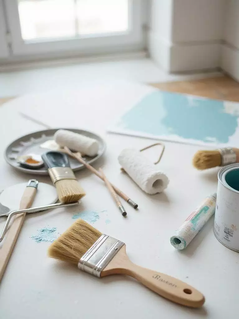 High-quality brushes and rollers on a workspace ready for painting.