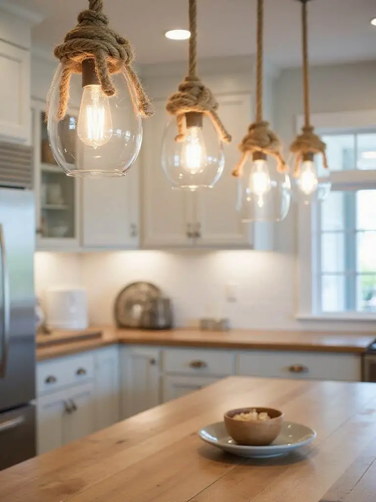 Coastal kitchen with glass and rope pendant lights hanging over an island.