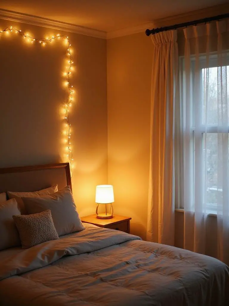 A cozy bedroom with layered budget lighting, including string lights and a bedside lamp.