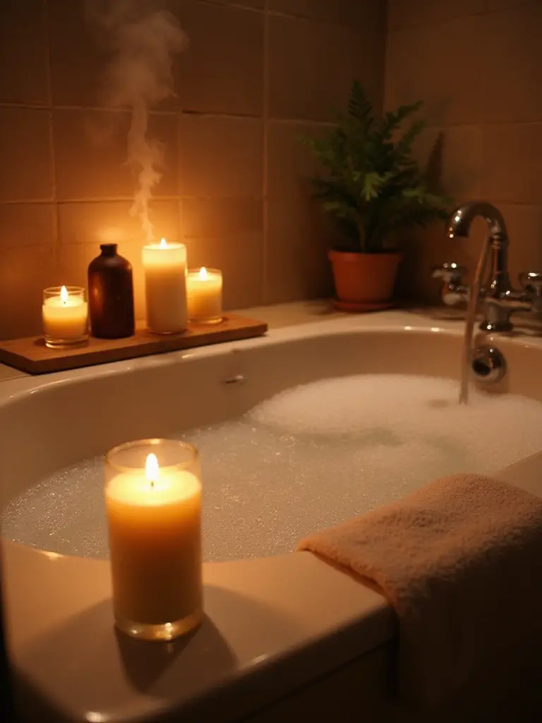 Serene bathroom with spa-like ambiance featuring essential oils and candles
