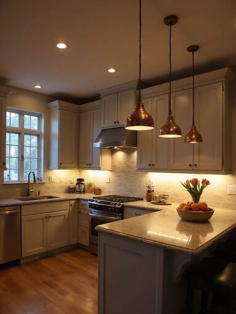 Modern kitchen with layered lighting showcasing ambient, task, and accent lights without people.