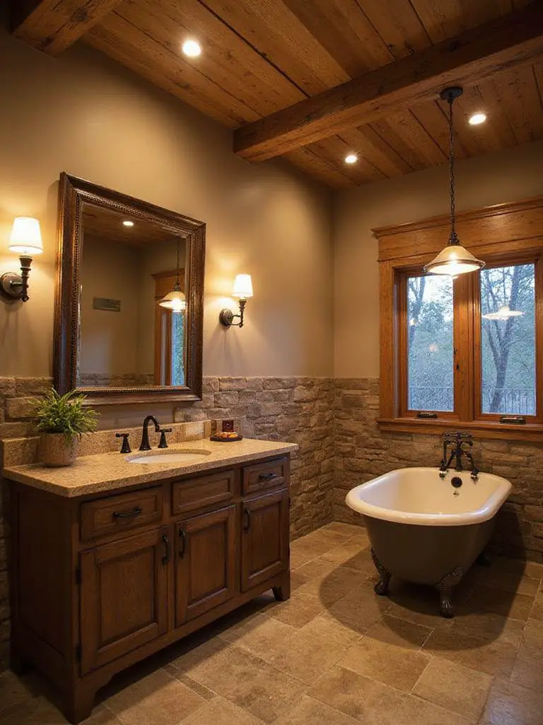 Rustic bathroom with layered lighting including sconces, recessed lights, and accent lighting over clawfoot tub.