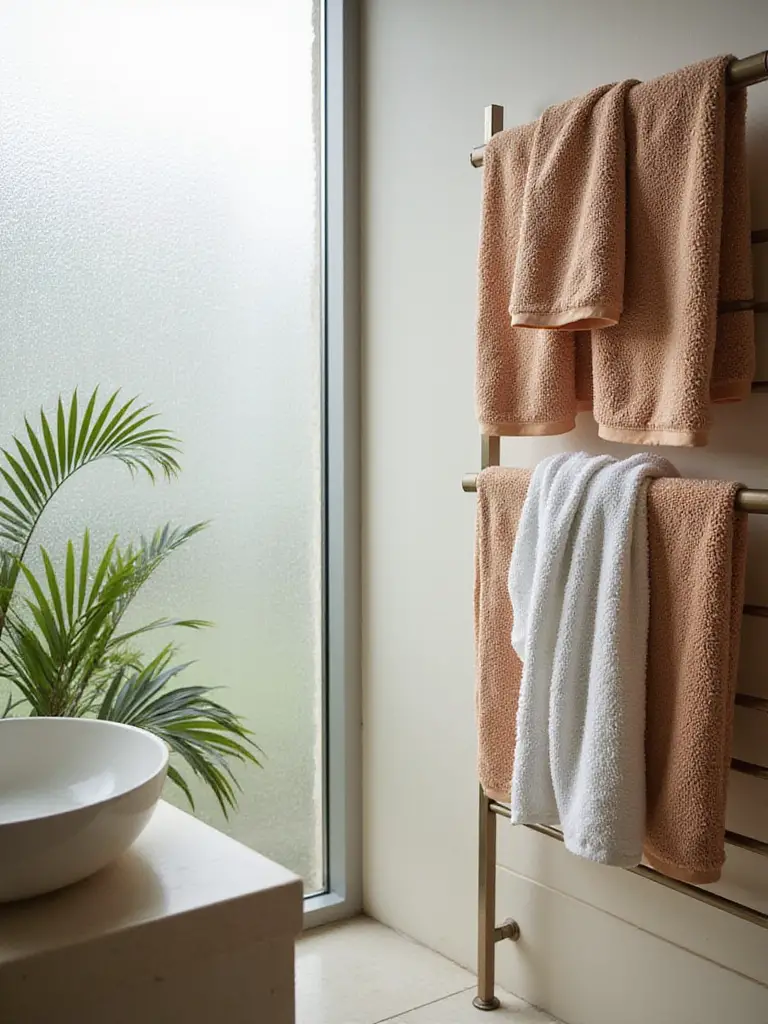 Luxurious high-quality towel sets in a beautifully arranged bathroom