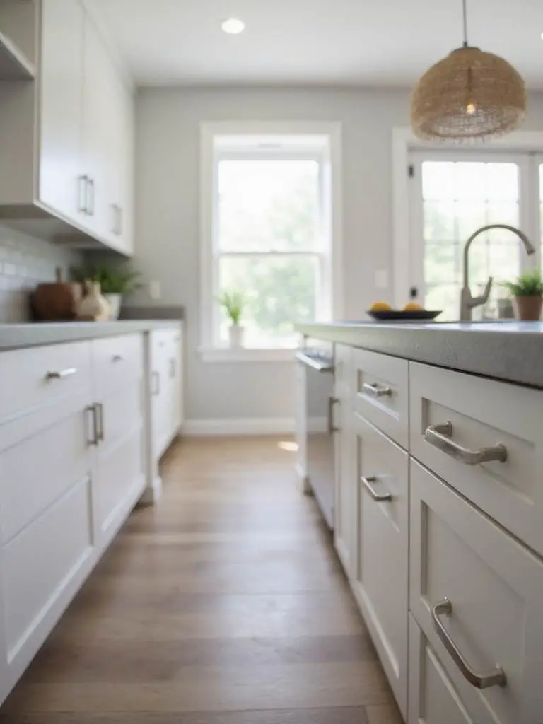 Modern kitchen with upgraded cabinet hardware showcasing sleek pulls and knobs.