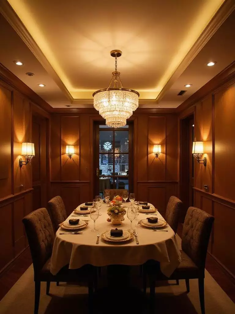 Elegant dining room with layered lighting including chandelier, sconces, and recessed lights.