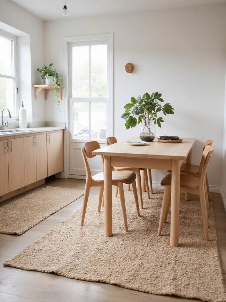 Scandinavian kitchen featuring natural fiber rugs made of jute and wool, showcasing warmth and texture.