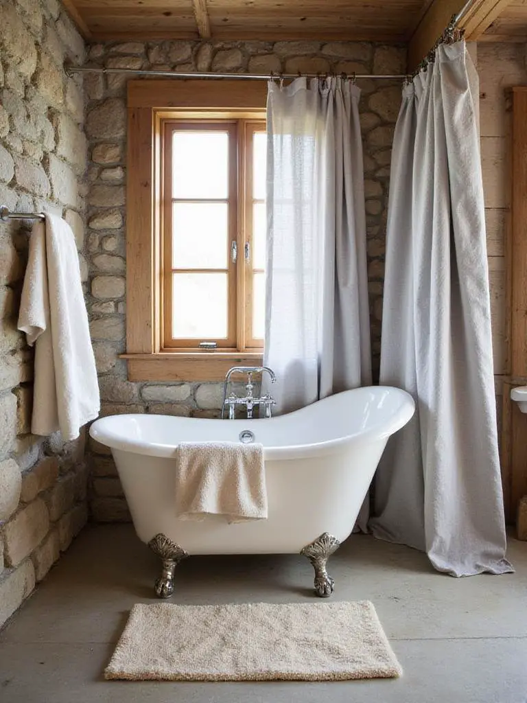 Rustic bathroom with flannel and linen textiles for a cozy atmosphere.