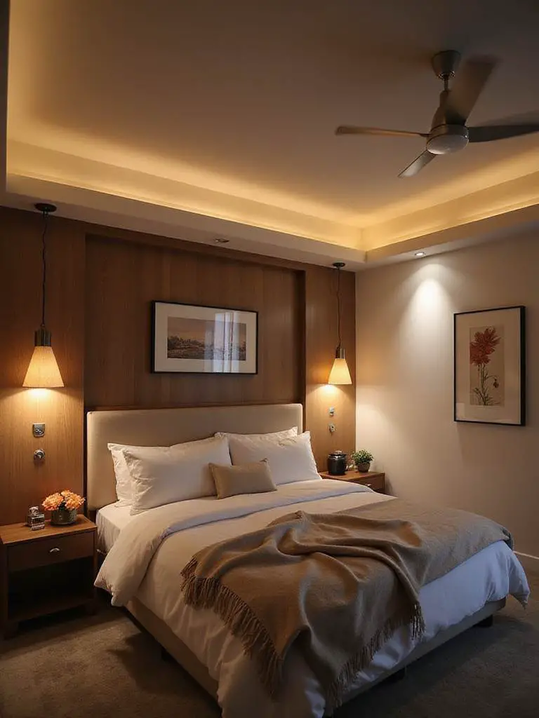 A cozy bedroom with layered lighting effects showcasing ambient, task, and accent lights.