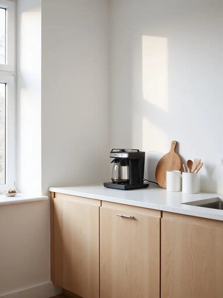 Minimalist Scandinavian kitchen countertop with essential appliances and natural light