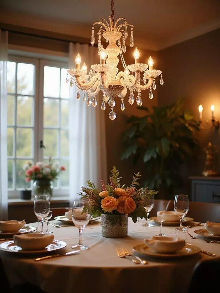Elegant dining room with a pristine chandelier illuminating a beautifully set table.