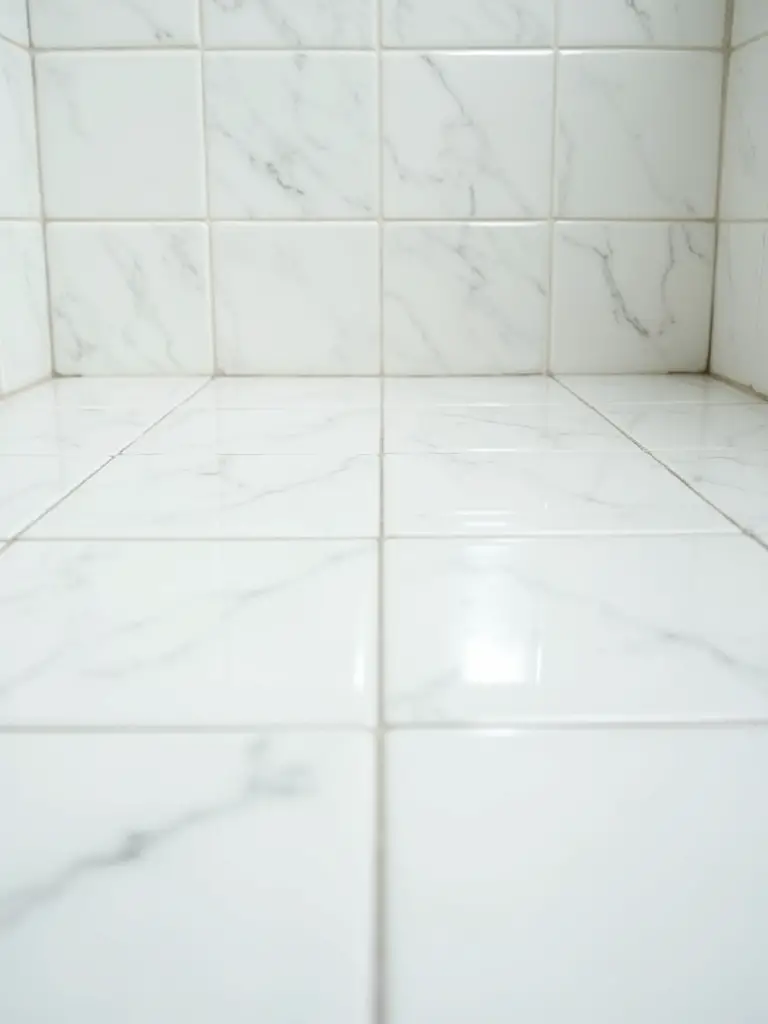 Restored bathroom tiles with shiny grout and clean surface