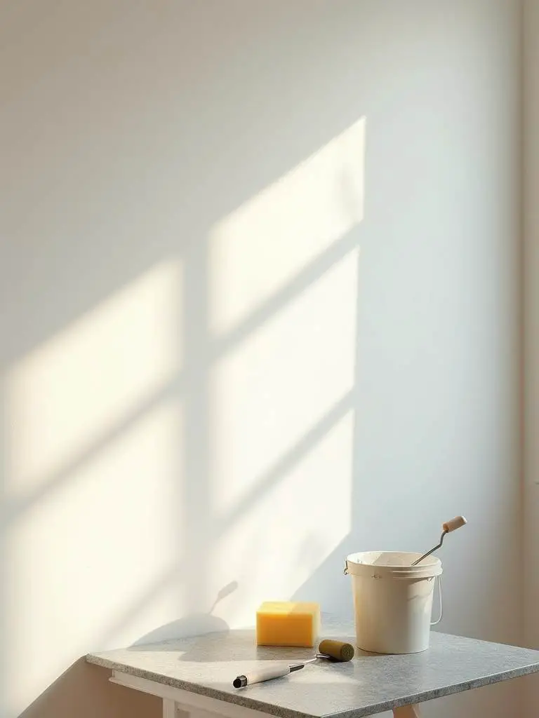 A clean and smooth kitchen wall prepared for painting, showcasing tools and natural light.