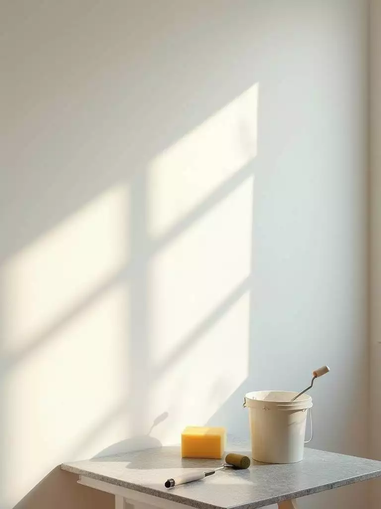 A clean and smooth kitchen wall prepared for painting, showcasing tools and natural light.
