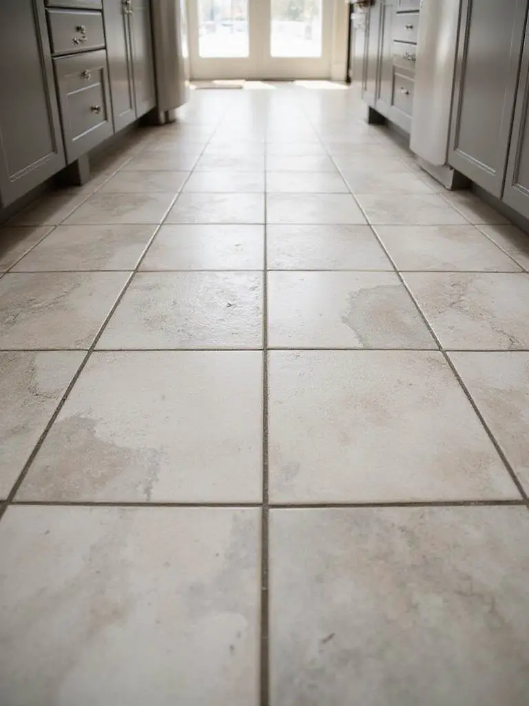 A stunning kitchen floor showcasing various tile designs and grout lines with perfect color contrast.