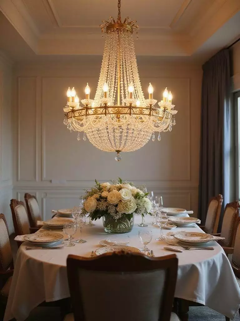 Elegant chandelier above dining table in a well-lit dining room