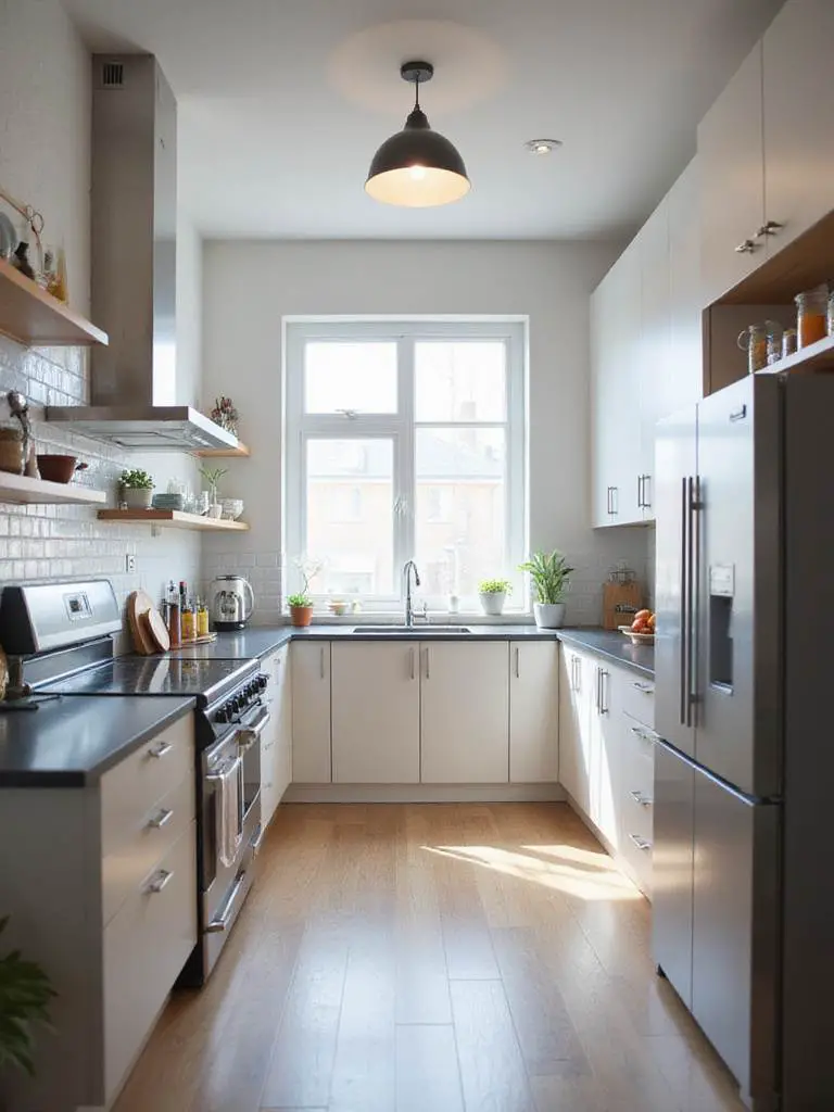 Modern kitchen layout illustrating the optimized workflow triangle with refrigerator, sink, and stove.