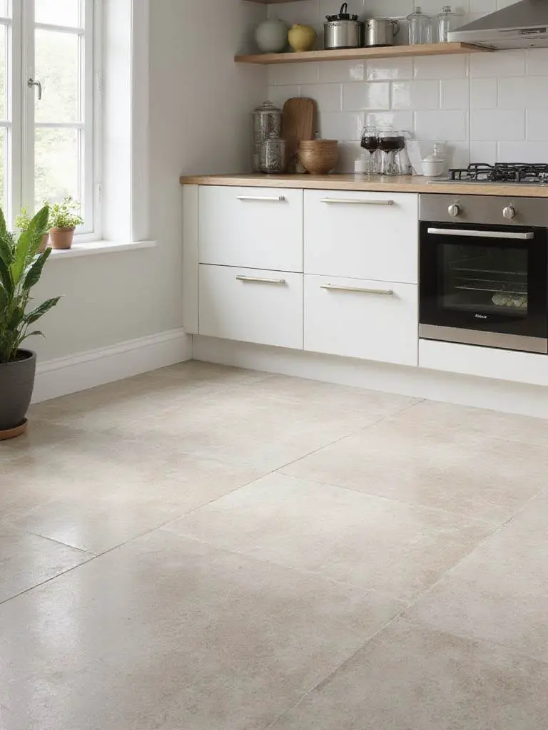 Modern kitchen floor with durable porcelain tiles under natural light.