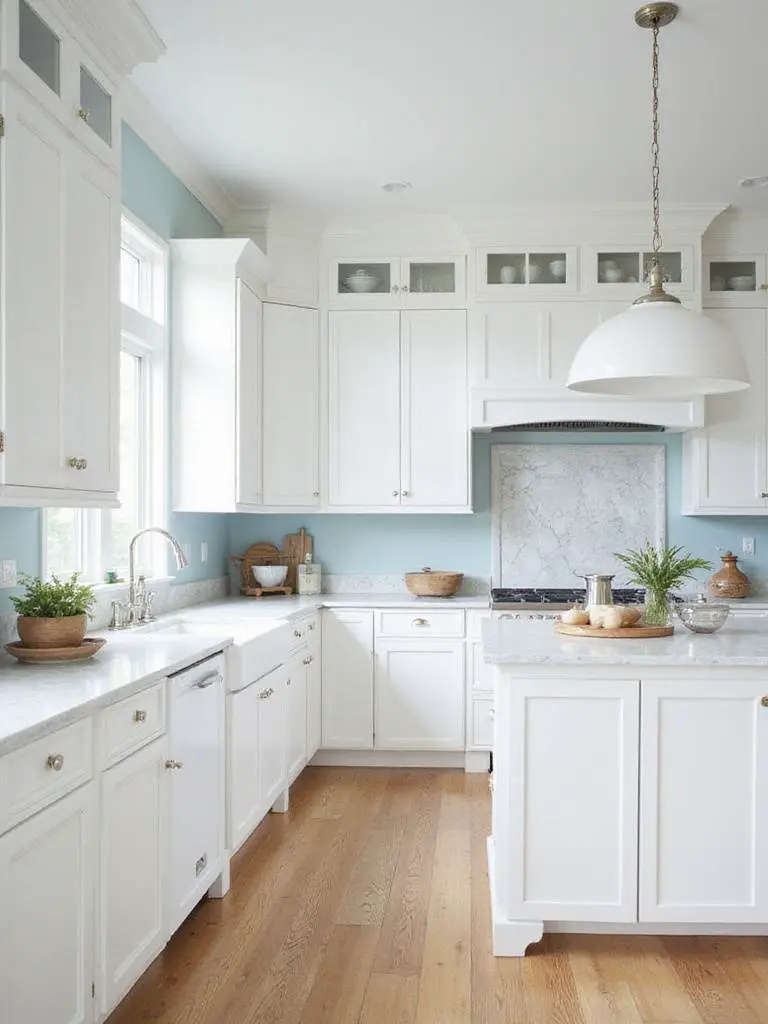 A bright coastal kitchen with crisp white cabinetry, showcasing a spacious and airy design with light blue accents.