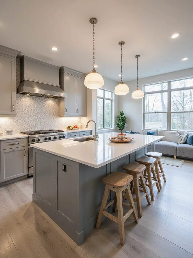 Modern kitchen with a multi-functional island featuring sink, cooktop, and seating.