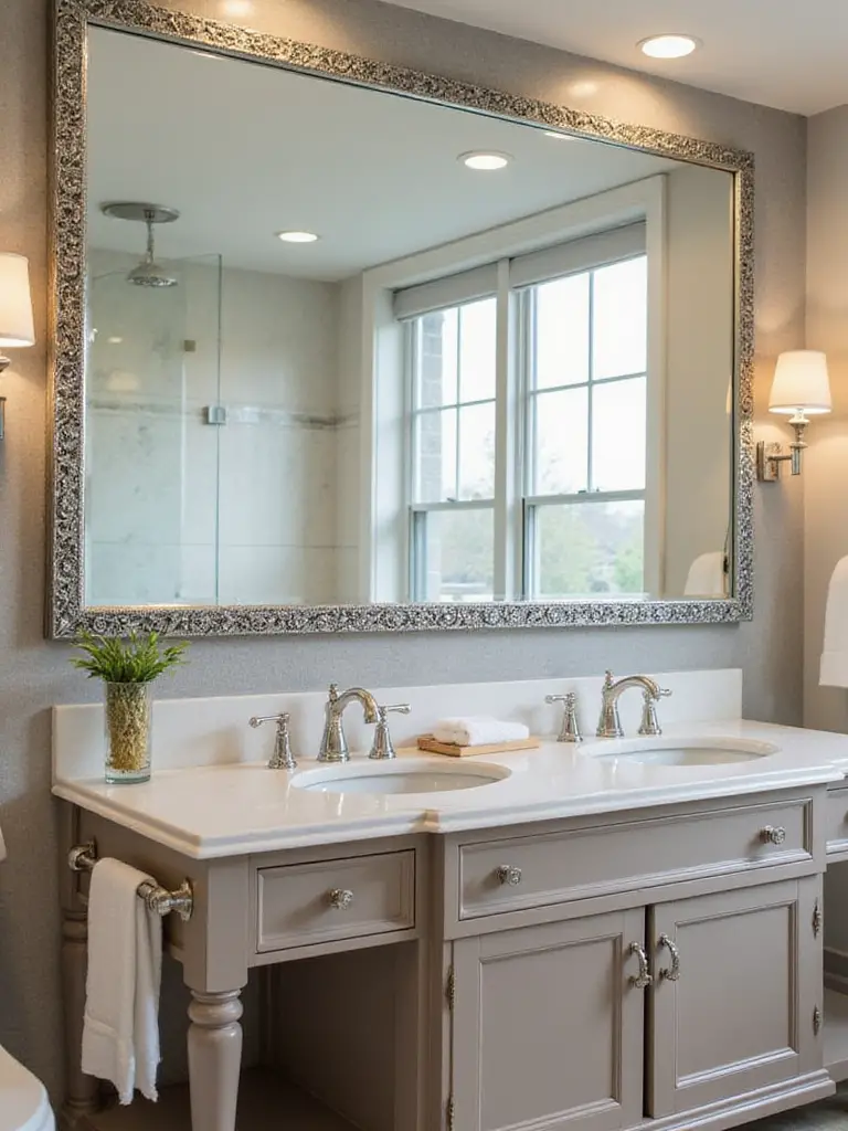 A stylish bathroom featuring a large decorative mirror enhancing space and light.